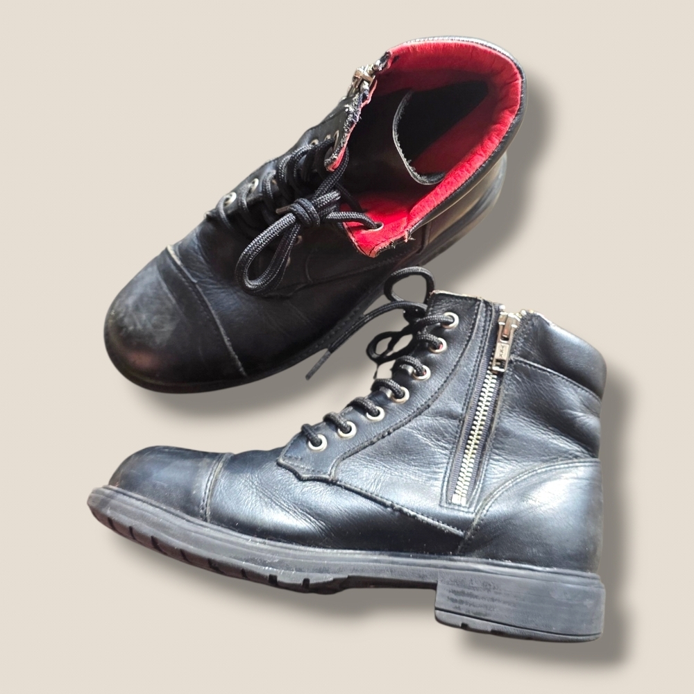 Woman's Black Leather Lace-Up Ankle Boots with Red Lining and Side Zip